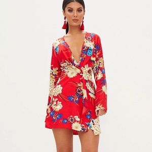 Red Floral Long Sleeve Red Dress